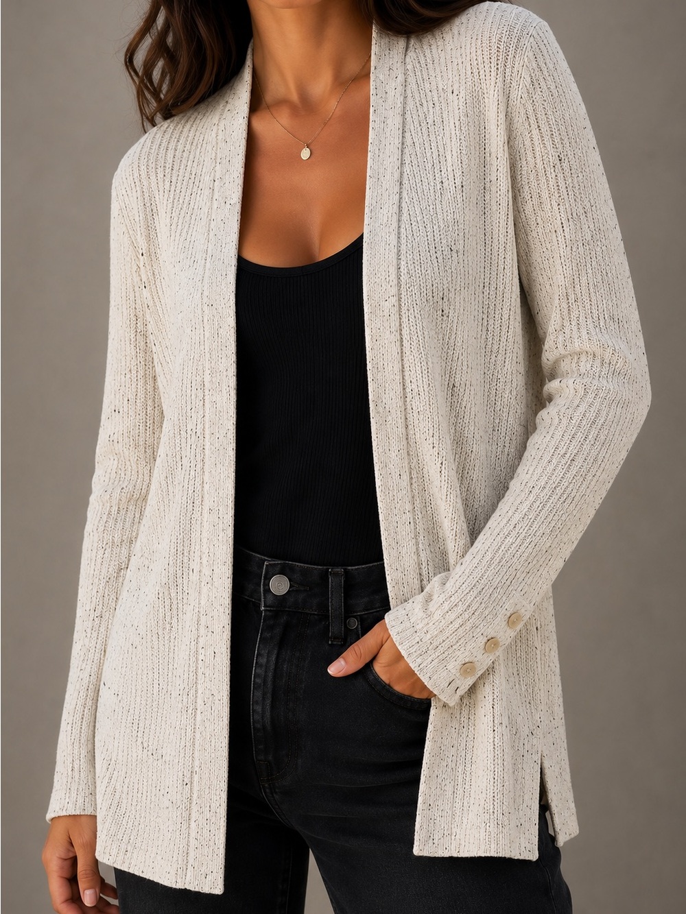 Soft Oatmeal Cardigan Open Front Ribbed Knit Sweater M